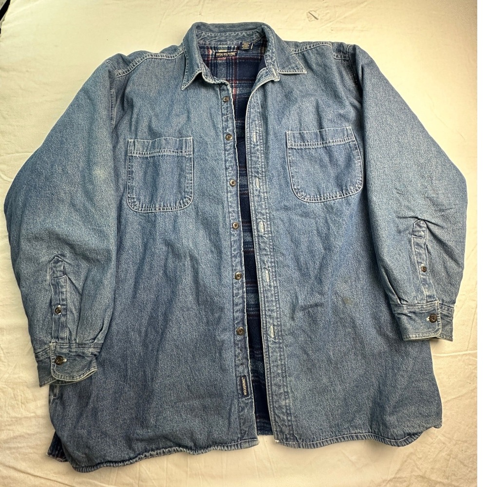 Wolverine Mens XL Denim Shirt Jacket Plaid Fleece Lined Blue Cotton Workwear